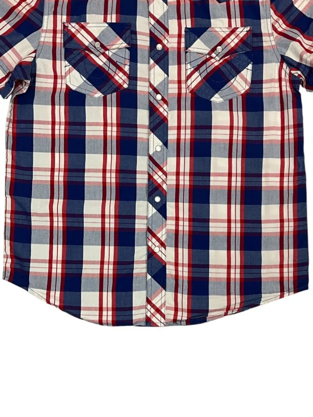 True Religion Mens Pearl Snap Western Shirt M Red White Blue Plaid Patriotic